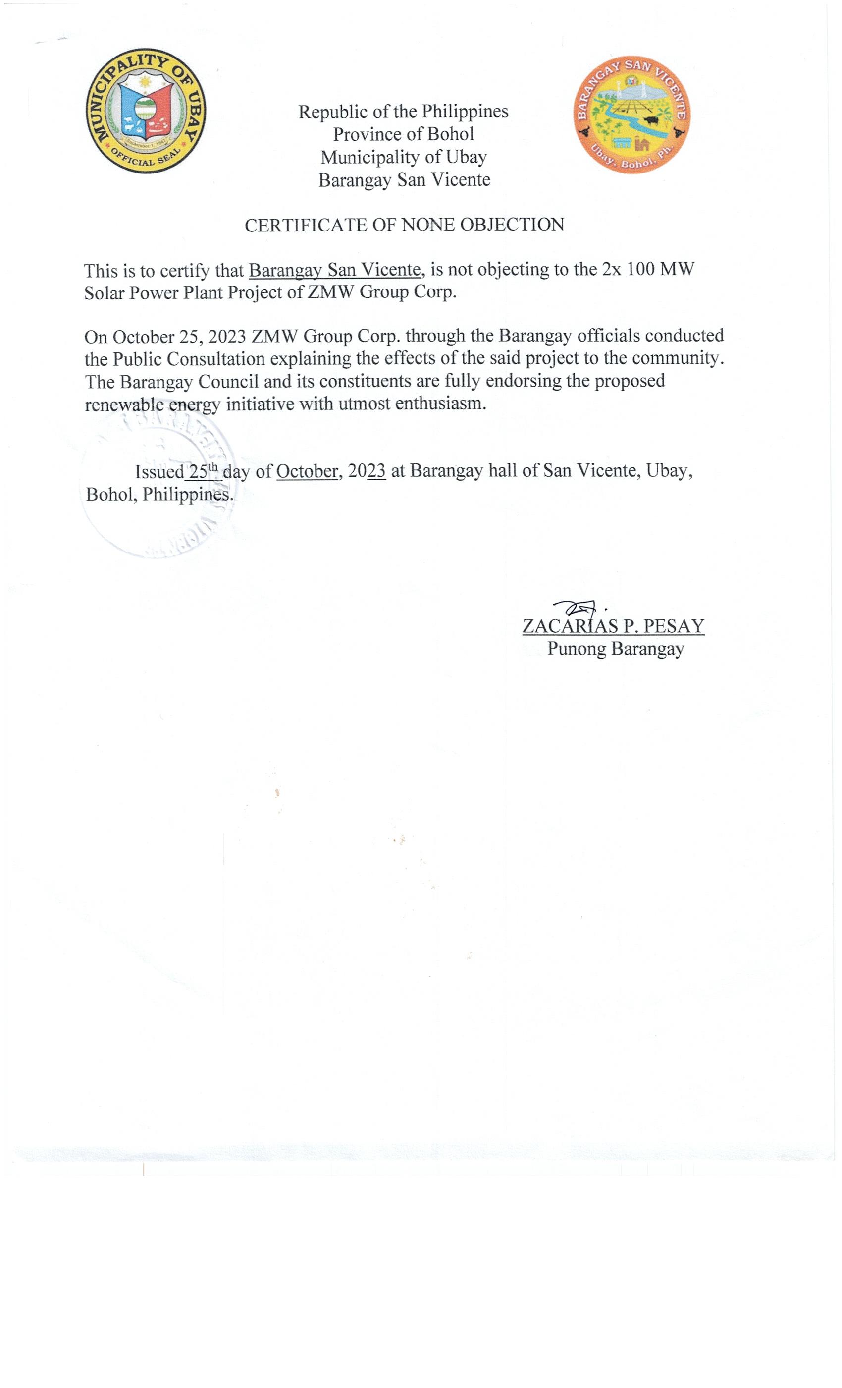 Certificate of No Objection